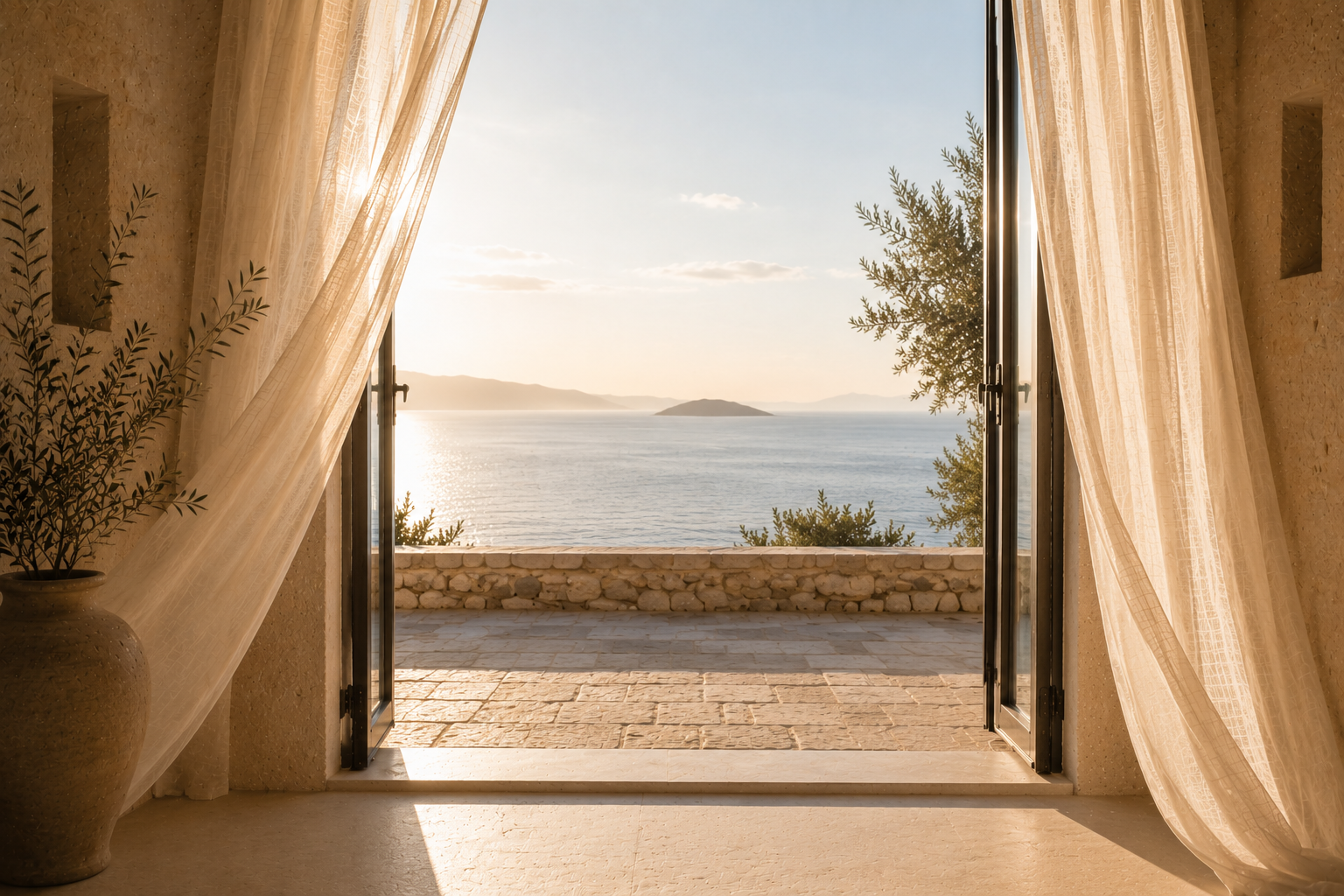 Open doors of a Mediterranean atelier with linen curtains, olive branches and a calm sea at sunrise