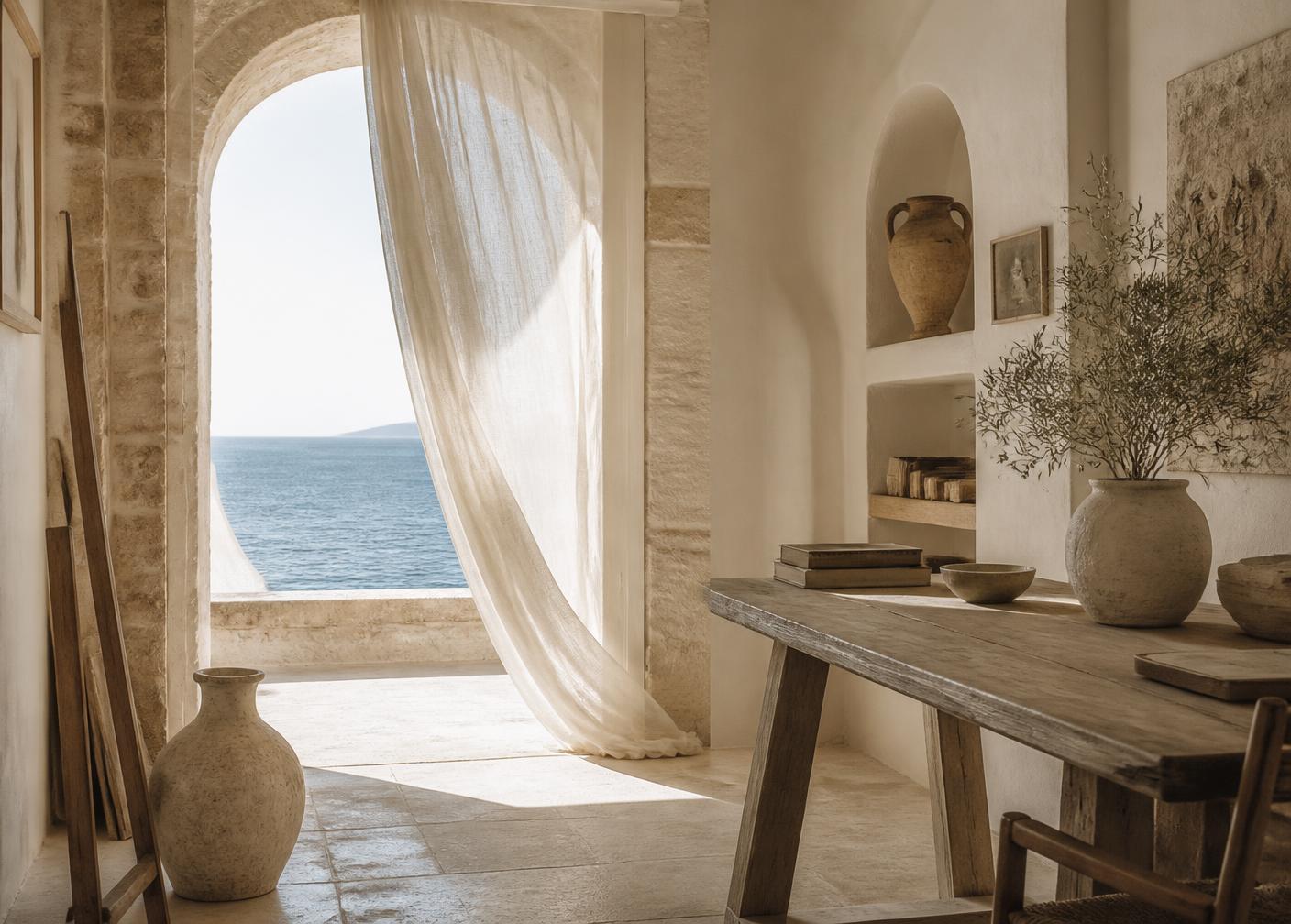 Mediterranean atelier interior with linen curtain and a view of the sea